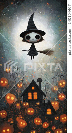 Witch in black dress flies on a broom over a haunted village at night. Glowing jack o lanterns illuminate crooked houses. 140104467