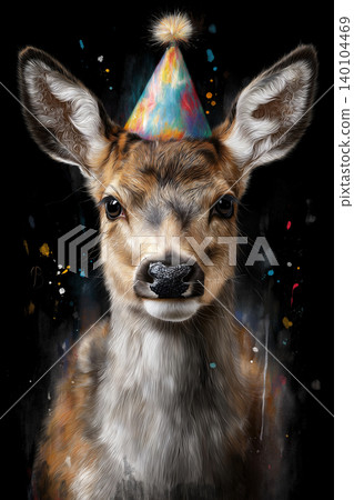 Deer wearing a colorful party hat against a black background. Colorful hat and paint splashes convey celebration. 140104469