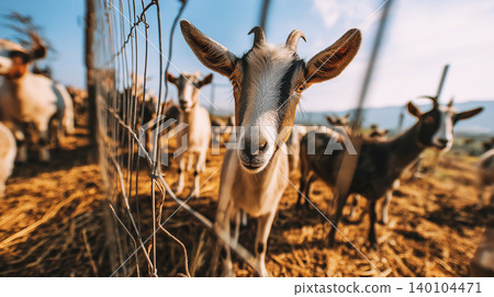 Goat at fence in a farm yard. Golden hour light bathes the scene. 140104471