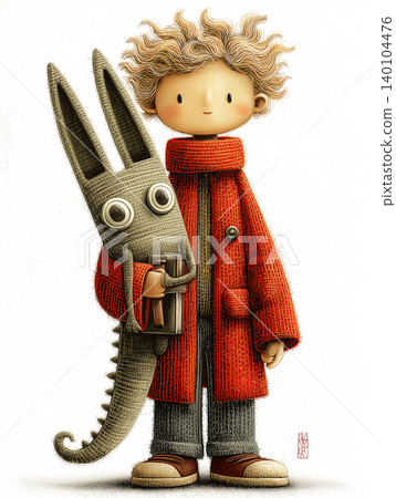 A boy in a red coat stands beside a tall gray rabbit figure on a white background. The scene is warm and whimsical with soft light. 140104476