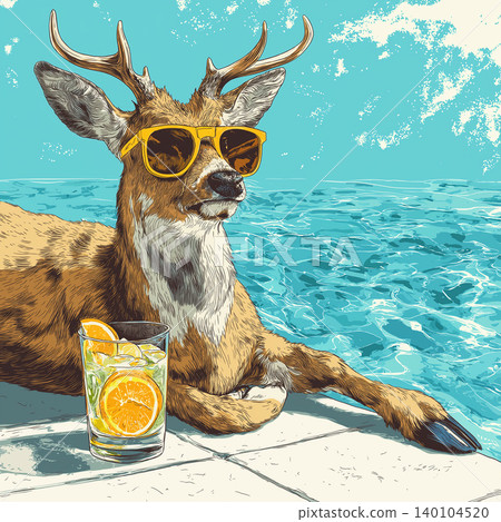 Deer wearing sunglasses lounges by a pool. A glass of citrus drink with orange slices sits on the poolside. Deer wearing sunglasses lounges by a pool. A glass of citrus drink with orange slices sits on the poolside. 140104520