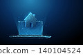 3D blue house and laptop. Remote work, home office, real estate, property search, virtual mortgage, smart home, internet connection, freelance, productivity concept 140104524