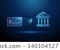 3D blue bank, card and shield with green tick. Secure banking, payment protection, privacy, transaction safety, verification, encryption, fraud prevention concept 140104527