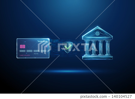 3D blue bank, card and shield with green tick. Secure banking, payment protection, privacy, transaction safety, verification, encryption, fraud prevention concept 3D blue bank, card and shield with green tick. Secure banking, payment protection, privacy, transaction safety, verification, encryption, fraud prevention concept 140104527