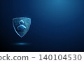 3D blue avatar on shield. Account security, data protection, privacy, virtual assistant, user safety, identity guard, cyber defense, trust, confidentiality concept 140104530
