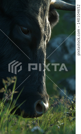 Cow grazing in a field. Soft sunlight highlights the fur and grass. Cow grazing in a field. Soft sunlight highlights the fur and grass. 140104652