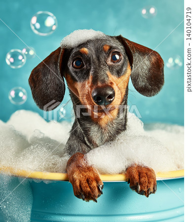 Dachshund sits in a blue bathtub. Foam covers its head and bubbles rise around. 140104719
