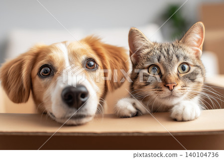 Beagle and tabby cat lean over a cardboard box in a living room. Their wide eyes invite a playful mood. Beagle and tabby cat lean over a cardboard box in a living room. Their wide eyes invite a playful mood. 140104736