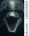 Shark opens its mouth underwater in the sea. Dramatic close up reveals sharp teeth and dark water. 140104805