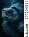 Sea turtle swims in the ocean. Blue underwater lighting highlights its textured shell. 140104814