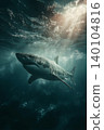Great white shark glides through the ocean. Sunlight beams through the water illuminating its silhouette. 140104816