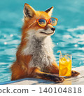 Fox wearing orange sunglasses lounges poolside. A glass of orange juice sits beside the fox. 140104818