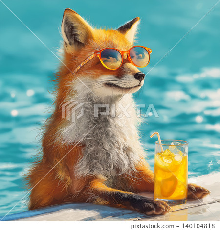 Fox wearing orange sunglasses lounges poolside. A glass of orange juice sits beside the fox. Fox wearing orange sunglasses lounges poolside. A glass of orange juice sits beside the fox. 140104818
