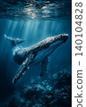 Whale shark glides through blue ocean above a coral reef. Sunlight streams through the water. 140104828