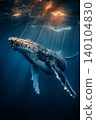 Humpback whale glides underwater in the ocean. Sunlight beams through the water as it moves gracefully. 140104830