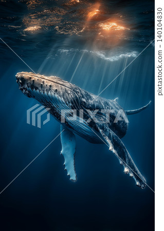 Humpback whale glides underwater in the ocean. Sunlight beams through the water as it moves gracefully. 140104830