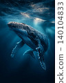 Whale shark glides through the open ocean. Sunlight filters through the water. 140104833