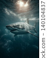 Great white shark swims through the ocean. Sunlight pours through the water creating a dramatic underwater scene. 140104837