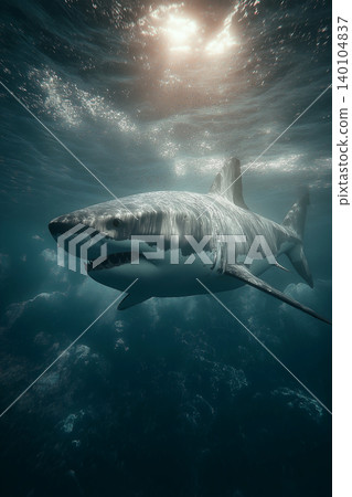 Great white shark swims through the ocean. Sunlight pours through the water creating a dramatic underwater scene. Great white shark swims through the ocean. Sunlight pours through the water creating a dramatic underwater scene. 140104837