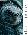 Sea turtle glides through the sea. Bubbles rise around its head. 140104844