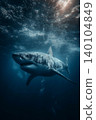 Great white shark swims through blue ocean water. Sunlight filters through the water from above. 140104849