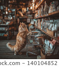 Cat stands on hind legs with paws on a shopping cart in a store aisle. The cat inspects packaged goods under warm lighting. 140104852