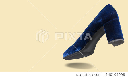 Levitating royal blue velvet block high heel pump on pastel beige background. Floating luxury navy blue shoe with left side copy space, creative product photography. Levitating royal blue velvet block high heel pump on pastel beige background. Floating luxury navy blue shoe with left side copy space, creative product photography. 140104998