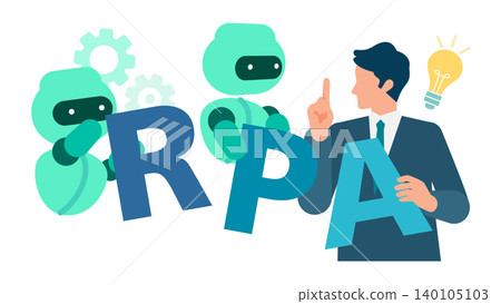 A business illustration depicting an RPA AI robot and a male office worker collaborating to automate and streamline business processes. A business illustration depicting an RPA AI robot and a male office worker collaborating to automate and streamline business processes. 140105103