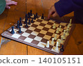 Two children playing chess on a wooden floor. One child has light skin and wears colorful socks. The other child has dark skin and is focused on the game. 140105151