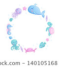 Decorative frame with cute cartoon sea animals. Whale, jellyfish, octopus, fish, seahorse, turtle, crab, star. Children's vector illustration for the design of posters, flyers, postcards, invitations 140105168