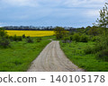 A scenic view on the rural path winds through lush green grass and bushes under a cloudy sky. Yellow raps flowers bloom field in the horizon, creating a serene landscape. 140105178