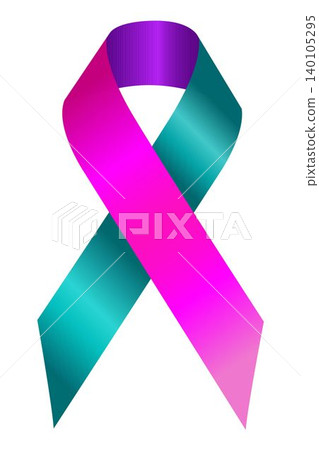 A vibrant tri-color awareness ribbon for thyroid cancer, featuring distinct sections of bright pink, deep purple, and teal with a smooth satin gradient effect, isolated on a solid white background. 140105295