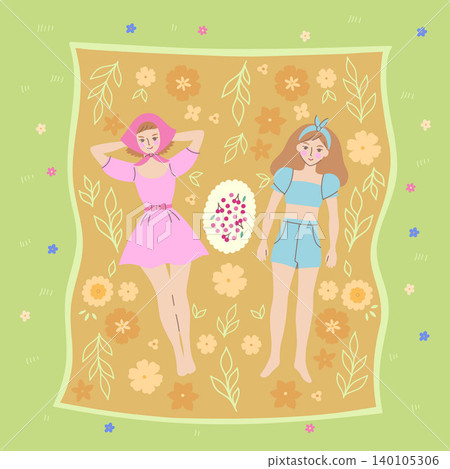 Two girls at a summer picnic lie on a flower blanket. Vector graphics. Two girls at a summer picnic lie on a flower blanket. Vector graphics. 140105306