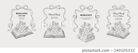 Floral Open Book, Romantic floral frame set with ribbon bow, flower bouquet and book illustration, Vector hand drawn bow frame, Elegant vintage decorative template collection Floral Open Book, Romantic floral frame set with ribbon bow, flower bouquet and book illustration, Vector hand drawn bow frame, Elegant vintage decorative template collection 140105333