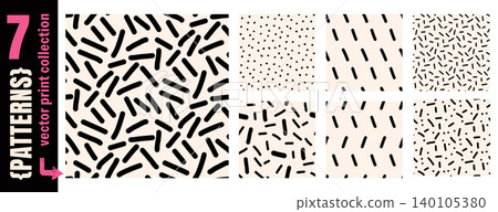 Line and dash organic seamless pattern set with random polka dot confetti. Hand drawn ditsy scribble line pattern with scatter short shapes on beige. Vector handmade doodle pack isolated Line and dash organic seamless pattern set with random polka dot confetti. Hand drawn ditsy scribble line pattern with scatter short shapes on beige. Vector handmade doodle pack isolated 140105380