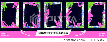 Messy graffiti frame set with scribbled spray borders and painted edges. Pink and green graffiti scribble rectangle grunge frame. Vector urban photo cadre element for streetwear poster bg or promo Messy graffiti frame set with scribbled spray borders and painted edges. Pink and green graffiti scribble rectangle grunge frame. Vector urban photo cadre element for streetwear poster bg or promo 140105387