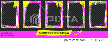 Grunge graffiti frame set and neon spray paint boarder with messy edges. Pink and lime graffiti splash on grunge wall with spraypaint trim. Vector urban rectangle elements isolated for hip hop poster Grunge graffiti frame set and neon spray paint boarder with messy edges. Pink and lime graffiti splash on grunge wall with spraypaint trim. Vector urban rectangle elements isolated for hip hop poster 140105392