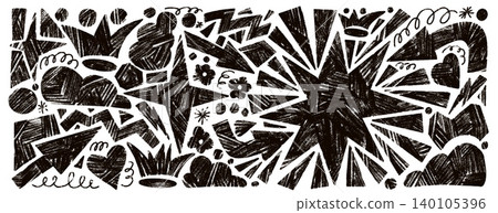 Geometric charcoal figures with chalk and brush ink texture for sketch journal and banner. Hand drawn geometric grunge shapes on charcoal background. Abstract vector doodle heart, arrow set isolated 140105396