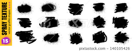 Grunge shape set with spray paint spot and aerosol splatter texture. Black grunge frames with gritty noise and ink splotch for poster. Urban vector shapes elements in distressed graffiti drip isolated Grunge shape set with spray paint spot and aerosol splatter texture. Black grunge frames with gritty noise and ink splotch for poster. Urban vector shapes elements in distressed graffiti drip isolated 140105426