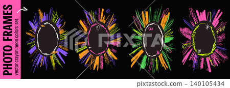Photo frame and crayon sticker funky border with chalk text box. Sticker grunge shape and bold brush stroke on photo oval mask. Neon vector frame for fashion and graffiti poster set isolated on black Photo frame and crayon sticker funky border with chalk text box. Sticker grunge shape and bold brush stroke on photo oval mask. Neon vector frame for fashion and graffiti poster set isolated on black 140105434