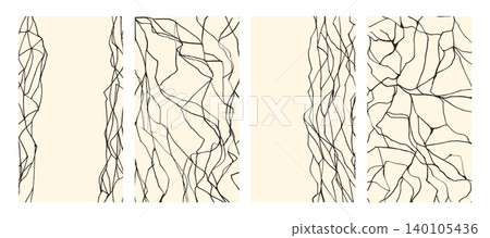 Kintsugi cracks templates set. Beige marble texture background. Vector luxurious abstract patterns with black uneven lines for elegant poster design, modern interior decoror social media story bg 140105436