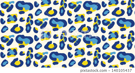 Animal seamless pattern leopard in navy blue and yellow print. Bold freeform stain and rosette as modern vector for fabric. Trendy glam animal pattern on cream with retro cobalt aesthetic Animal seamless pattern leopard in navy blue and yellow print. Bold freeform stain and rosette as modern vector for fabric. Trendy glam animal pattern on cream with retro cobalt aesthetic 140105437