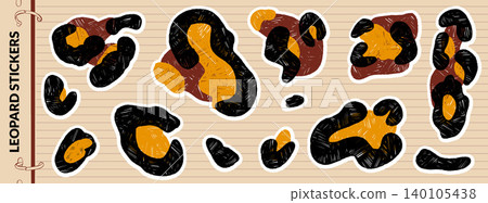 Animal spot leopard stickers with black and yellow fur on a lined background. Bold animalistic spots in crayon and panther skin as a vector set. Cheetah pattern elements for scrapbook, fashion design Animal spot leopard stickers with black and yellow fur on a lined background. Bold animalistic spots in crayon and panther skin as a vector set. Cheetah pattern elements for scrapbook, fashion design 140105438