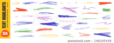 Scribble brush underlines with highlight emphasis in kid crayon pencil texture. Messy drawn doodle line marks and freehand strokes. Bold scribble vector elements with handmade vibe for poster design Scribble brush underlines with highlight emphasis in kid crayon pencil texture. Messy drawn doodle line marks and freehand strokes. Bold scribble vector elements with handmade vibe for poster design 140105439