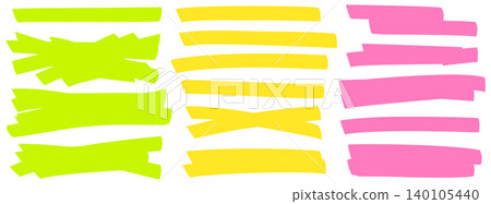Marker patch shapes in green yellow pink for highlight emphasis on text. Streak strokes with felt tip patch and underline memos. Vector marker stripes for note taking and journal isolated on white bg 140105440