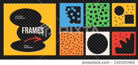 Podcast photo frame with bold square and dotted pixel edge on music album cover. Minimalist funky frames and box for flyer impact card. Vector set isolated with promotion event on checker bg as png Podcast photo frame with bold square and dotted pixel edge on music album cover. Minimalist funky frames and box for flyer impact card. Vector set isolated with promotion event on checker bg as png 140105468