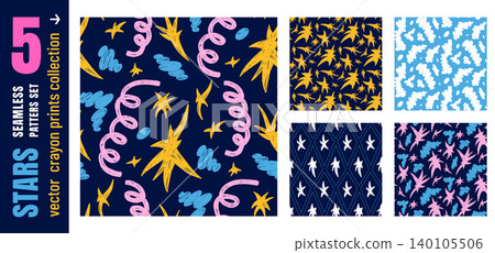 Seamless patterns of childish birthday with crayon stars and curly streamers for kindergarten party. Tossed sparks, clouds and confetti in playful seamless. Vector birthday print with scattered motifs Seamless patterns of childish birthday with crayon stars and curly streamers for kindergarten party. Tossed sparks, clouds and confetti in playful seamless. Vector birthday print with scattered motifs 140105506