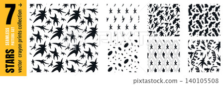Chalky crayon star shapes seamless pattern set with scattered motif for kid wrapping paper. Bold scribbled stars and sparks brushed endless prints. Hand drawn vector pattern with playful tossed cloud Chalky crayon star shapes seamless pattern set with scattered motif for kid wrapping paper. Bold scribbled stars and sparks brushed endless prints. Hand drawn vector pattern with playful tossed cloud 140105508