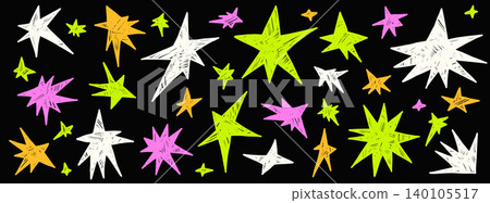 Spark and pastel crayon stars and chalk blinks for kids sticker on black. Orange, white spark figures with pastel scribble and pencil doodle. Vector magic colorful set isolated for childish design Spark and pastel crayon stars and chalk blinks for kids sticker on black. Orange, white spark figures with pastel scribble and pencil doodle. Vector magic colorful set isolated for childish design 140105517