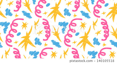 Playful birthday confetti seamless pattern and crayon star with squiggle dot print. Cloud and birthday wrapping repeat motif on whimsical background. Vector festive illustration for party wallpaper Playful birthday confetti seamless pattern and crayon star with squiggle dot print. Cloud and birthday wrapping repeat motif on whimsical background. Vector festive illustration for party wallpaper 140105518